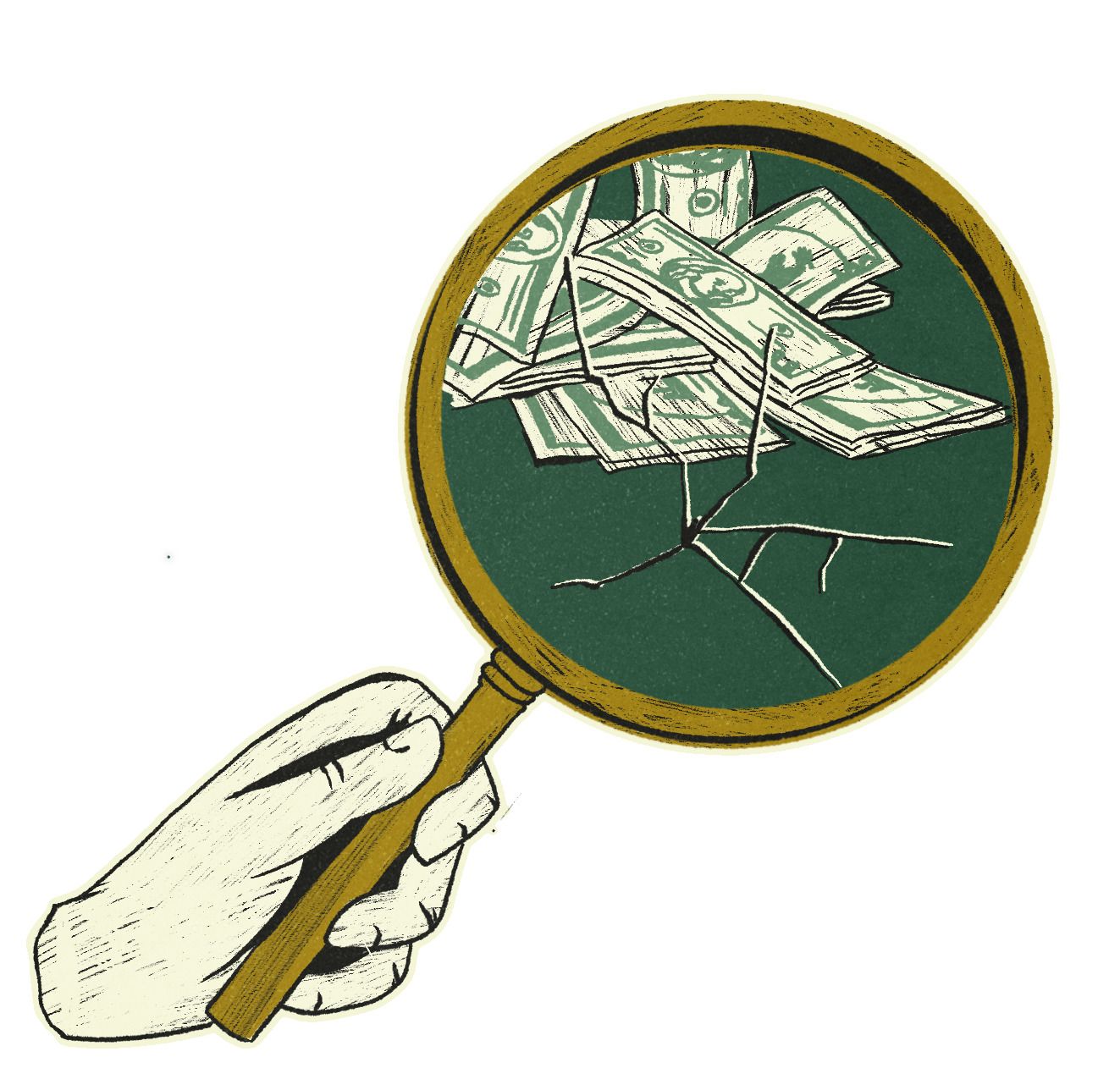 Ilustración de una lipa enfocando unos billetes