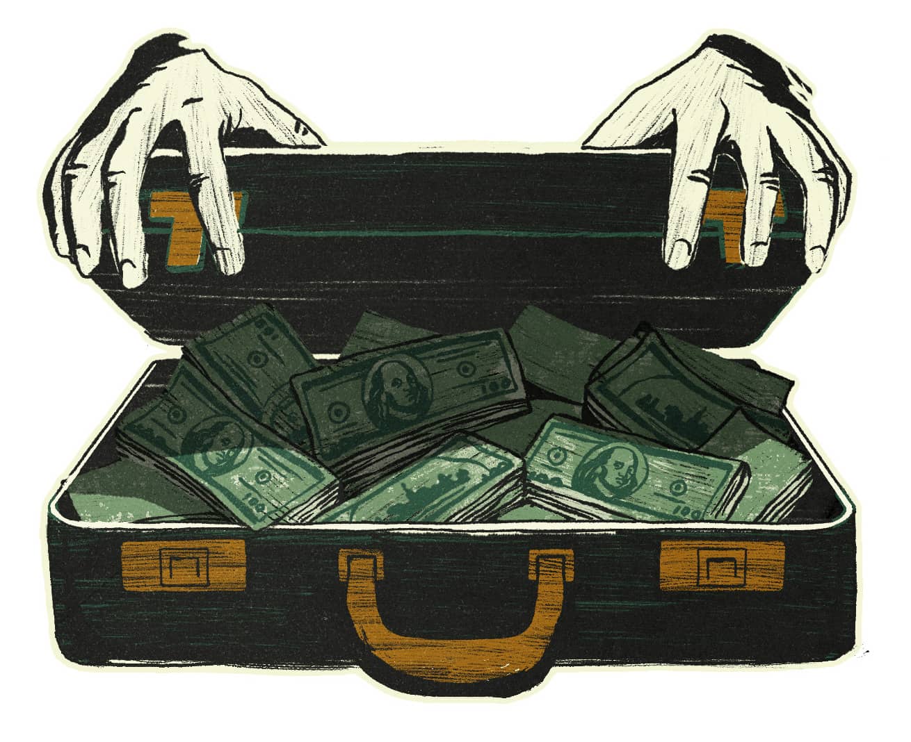 Ilustración de un maletín con billetes dentro